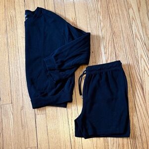 black 2 pieces lounge wear set- crew neck sweatshirt & shorts